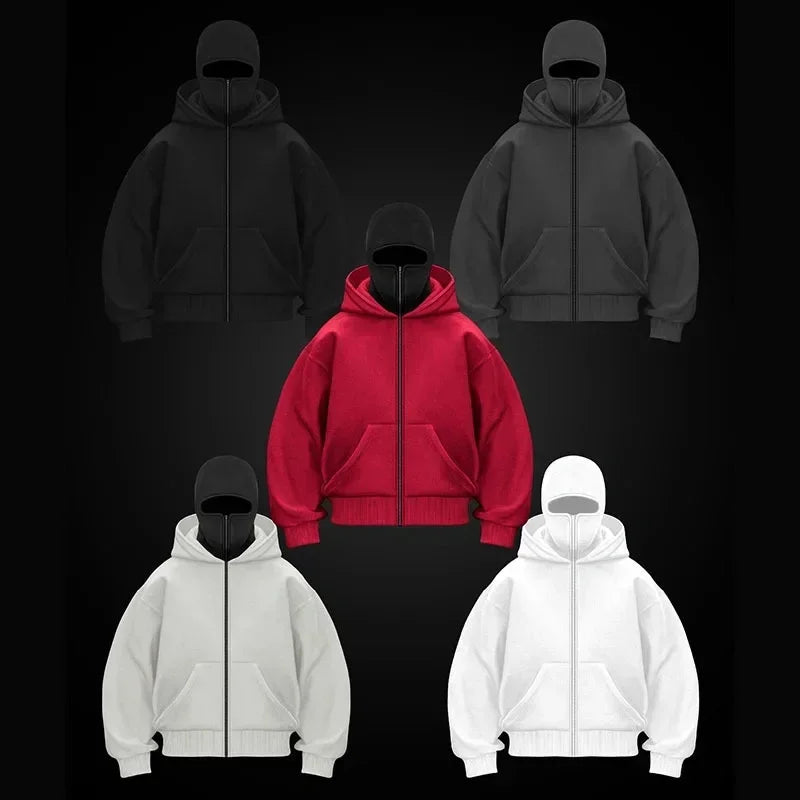 Stay Warm and Stylish this Winter with Our Men's Balaclava Zip Hoodie - Casual Y2K Sweatshirt Featuring a Hooded Face Mask and Zipper for Ultimate Comfort