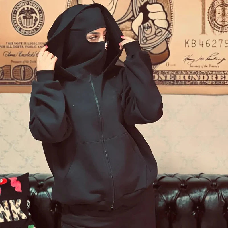 Stay Warm and Stylish this Winter with Our Men's Balaclava Zip Hoodie - Casual Y2K Sweatshirt Featuring a Hooded Face Mask and Zipper for Ultimate Comfort