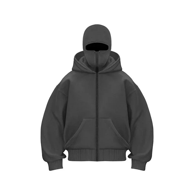 Stay Warm and Stylish this Winter with Our Men's Balaclava Zip Hoodie - Casual Y2K Sweatshirt Featuring a Hooded Face Mask and Zipper for Ultimate Comfort