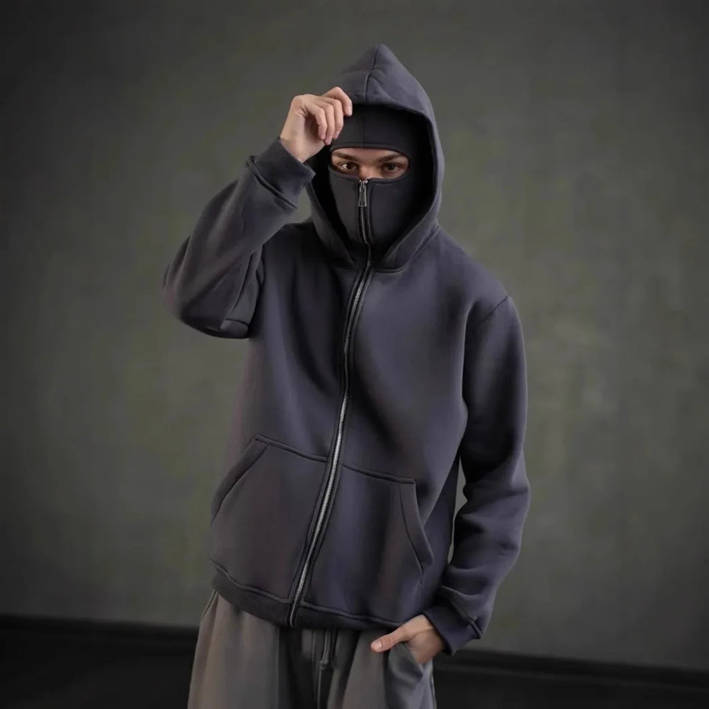 Stay Warm and Stylish this Winter with Our Men's Balaclava Zip Hoodie - Casual Y2K Sweatshirt Featuring a Hooded Face Mask and Zipper for Ultimate Comfort
