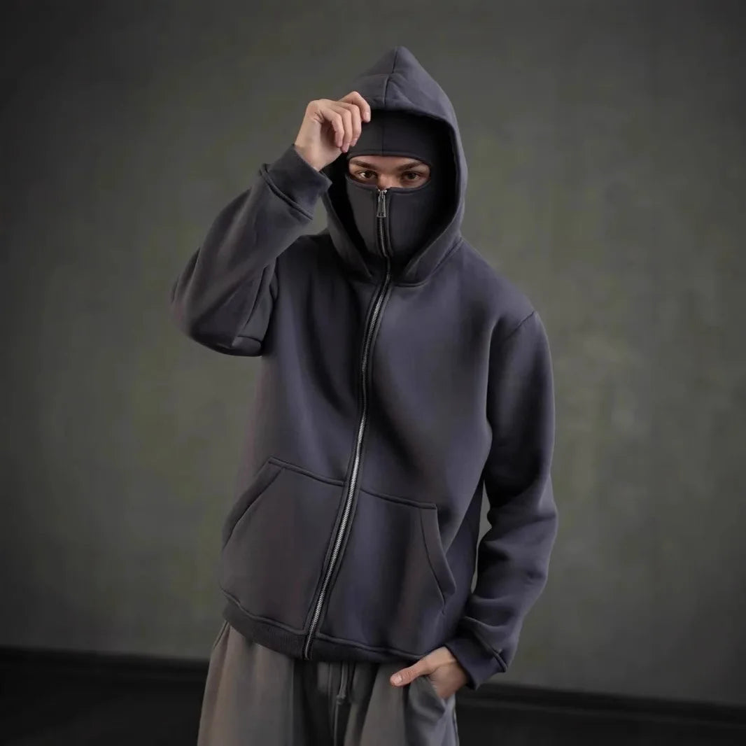 Stay Warm and Stylish this Winter with Our Men's Balaclava Zip Hoodie - Casual Y2K Sweatshirt Featuring a Hooded Face Mask and Zipper for Ultimate Comfort