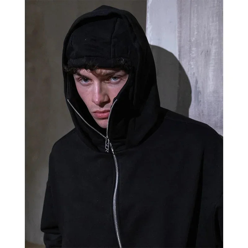 Stay Warm and Stylish this Winter with Our Men's Balaclava Zip Hoodie - Casual Y2K Sweatshirt Featuring a Hooded Face Mask and Zipper for Ultimate Comfort