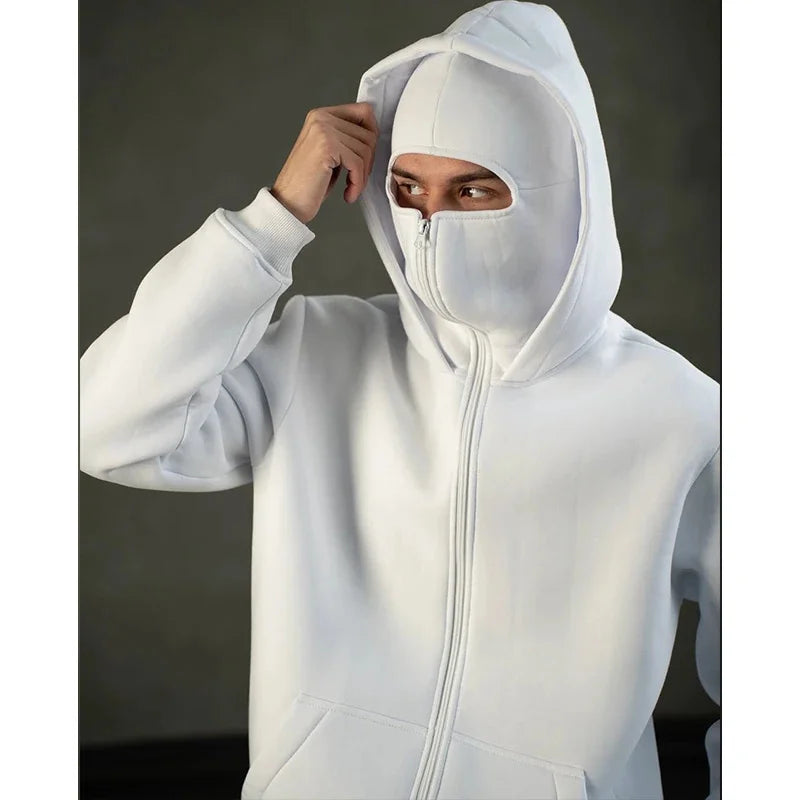 Stay Warm and Stylish this Winter with Our Men's Balaclava Zip Hoodie - Casual Y2K Sweatshirt Featuring a Hooded Face Mask and Zipper for Ultimate Comfort
