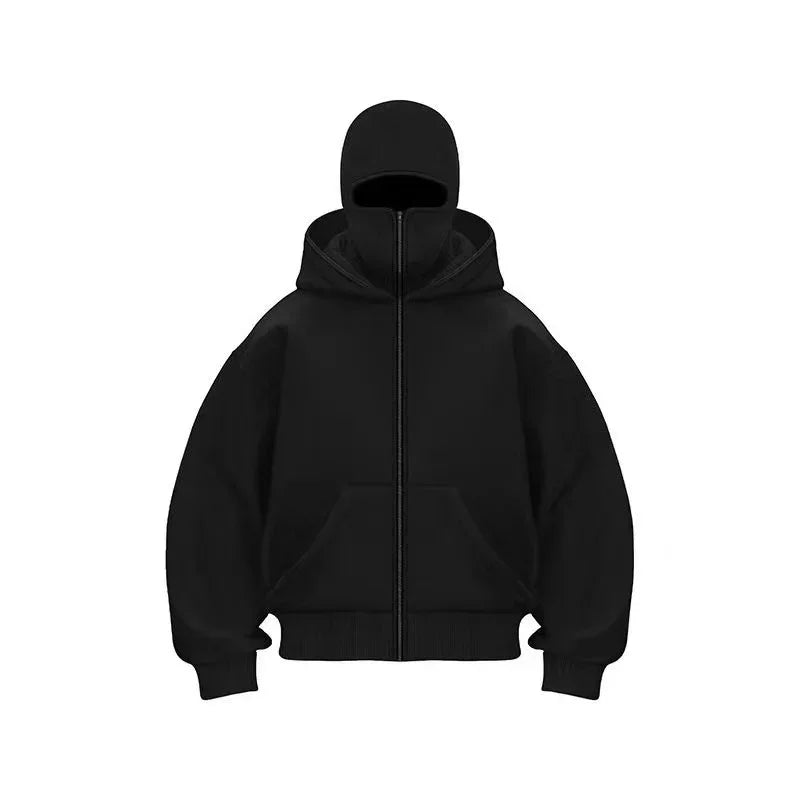 Stay Warm and Stylish this Winter with Our Men's Balaclava Zip Hoodie - Casual Y2K Sweatshirt Featuring a Hooded Face Mask and Zipper for Ultimate Comfort