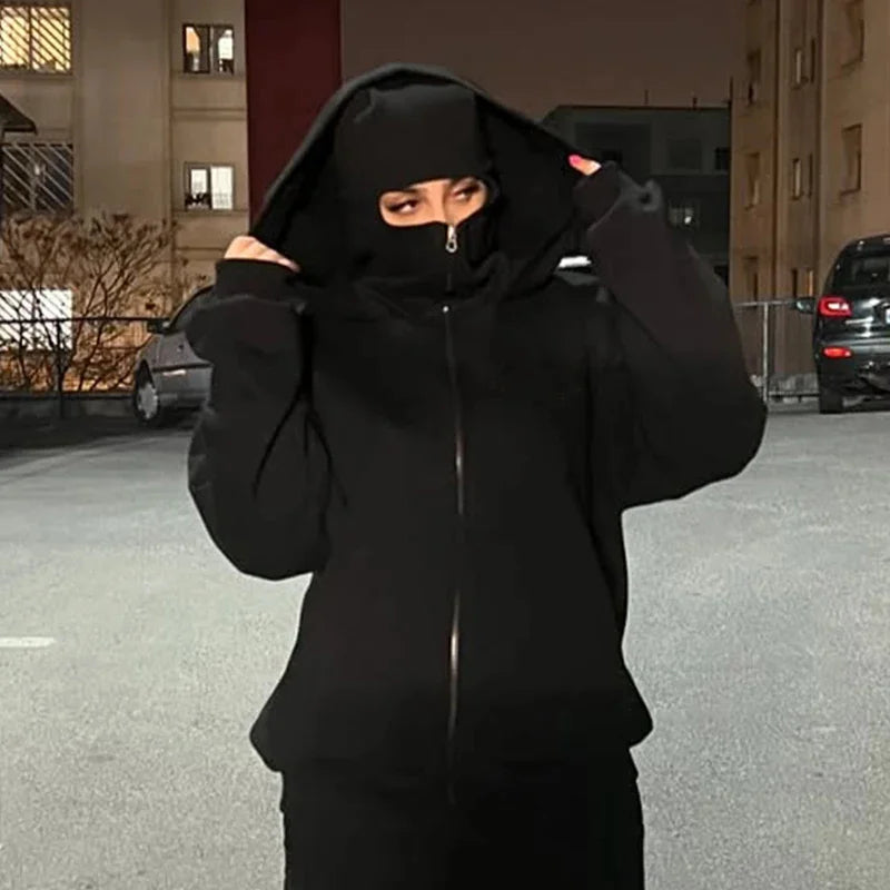 Stay Warm and Stylish this Winter with Our Men's Balaclava Zip Hoodie - Casual Y2K Sweatshirt Featuring a Hooded Face Mask and Zipper for Ultimate Comfort
